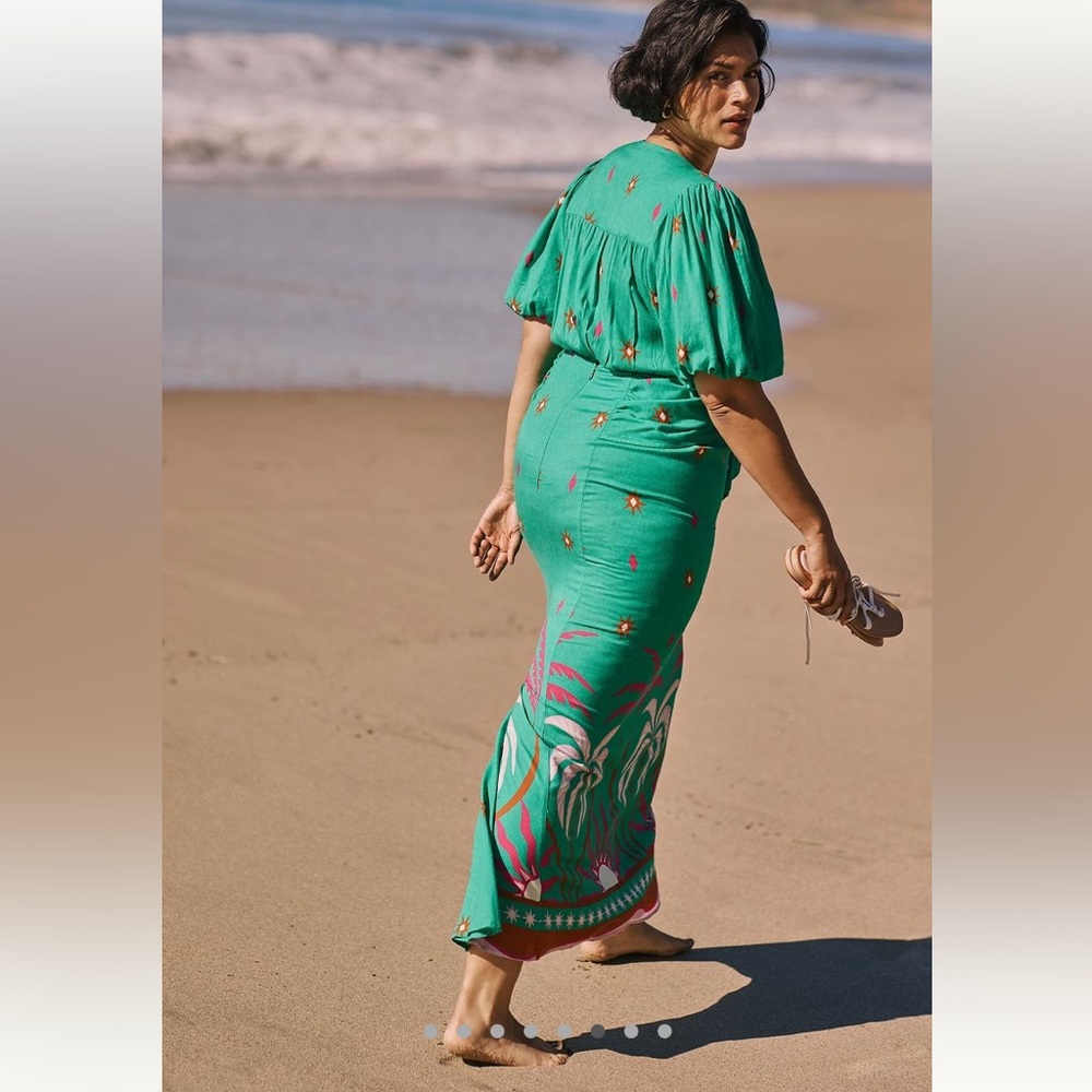 Anthropologie Green Midi Dress with Pink & White Motif - Picture 6 of 14